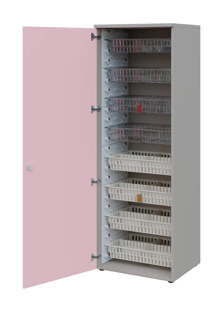 EUROMEDICA D - 66/M skříň léková boxová, 1-dveřová, levá, 1950x660x535, korpus šedý, dvířka pastelově růžová